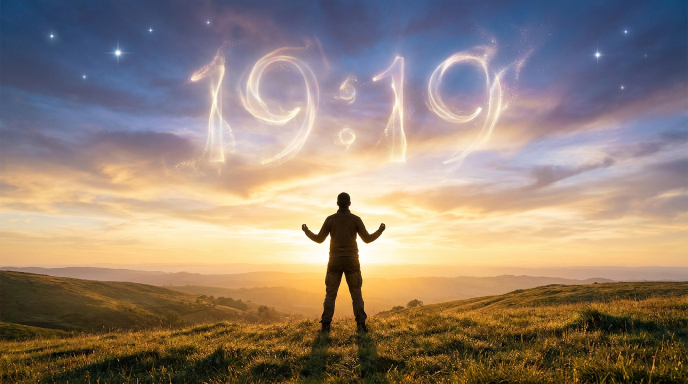 Silhouette d'homme debout dans un champ au coucher du soleil contemplant le chiffre 19:19 lumineux dans le ciel.
