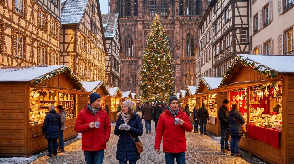 Un couple marche dans un marché de Noël traditionnel en Alsace, devant un immense sapin et la cathédrale illuminée.