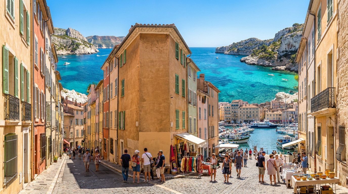 Ruelles pittoresques de Cassis menant au port et aux eaux turquoise des calanques sous un ciel bleu éclatant.