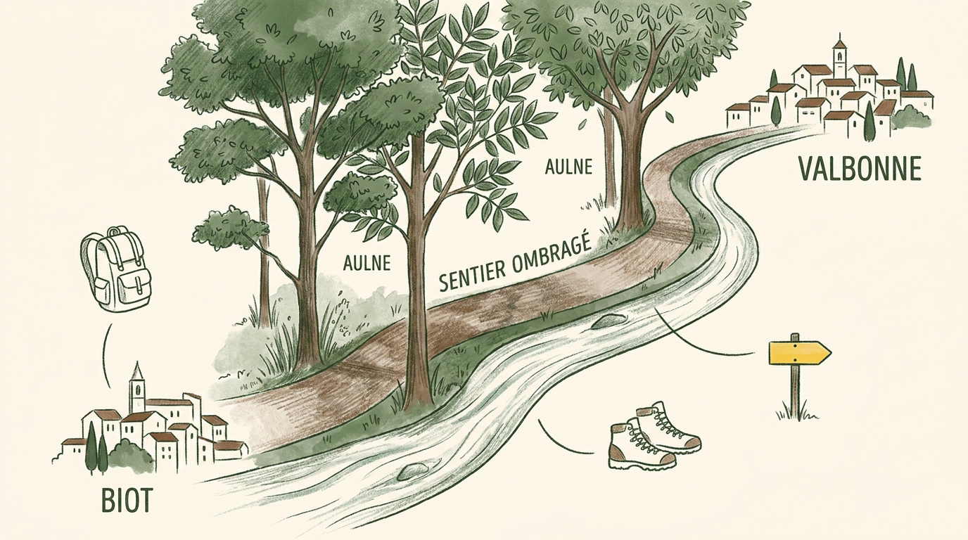 Sentier de randonnée ombragé longeant la rivière de la Brague