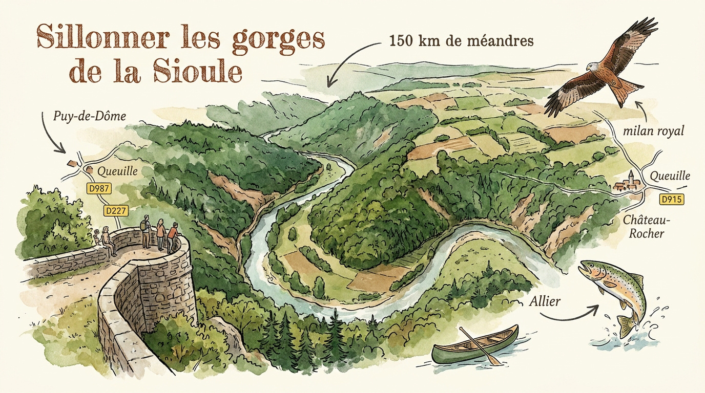 Vue panoramique sur le méandre de Queuille dans les gorges de la Sioule