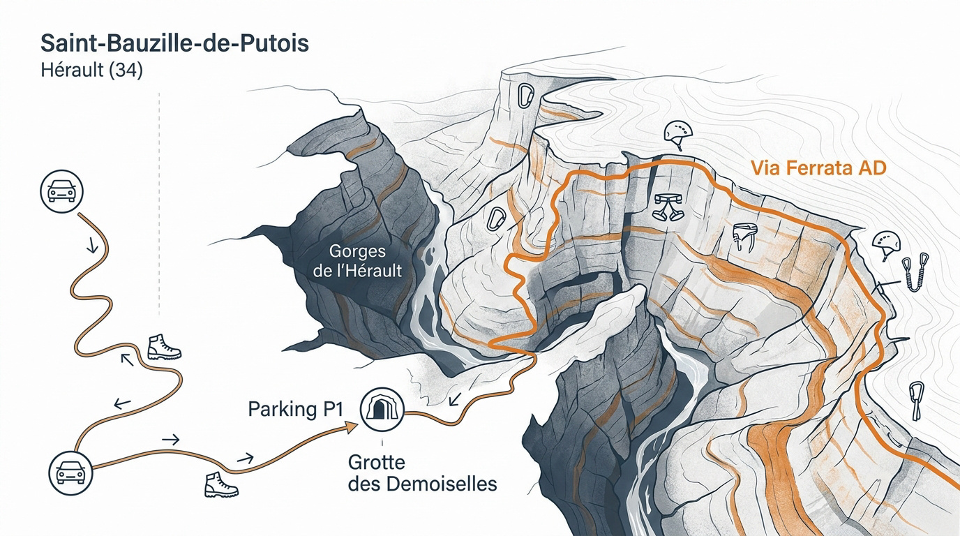 Plan d'accès et itinéraire de la via ferrata du Thaurac à Saint-Bauzille-de-Putois