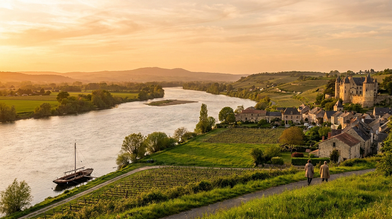 Un fleuve serpente à travers des vignobles verdoyants, un château médiéval surplombe un village sous un ciel doré.