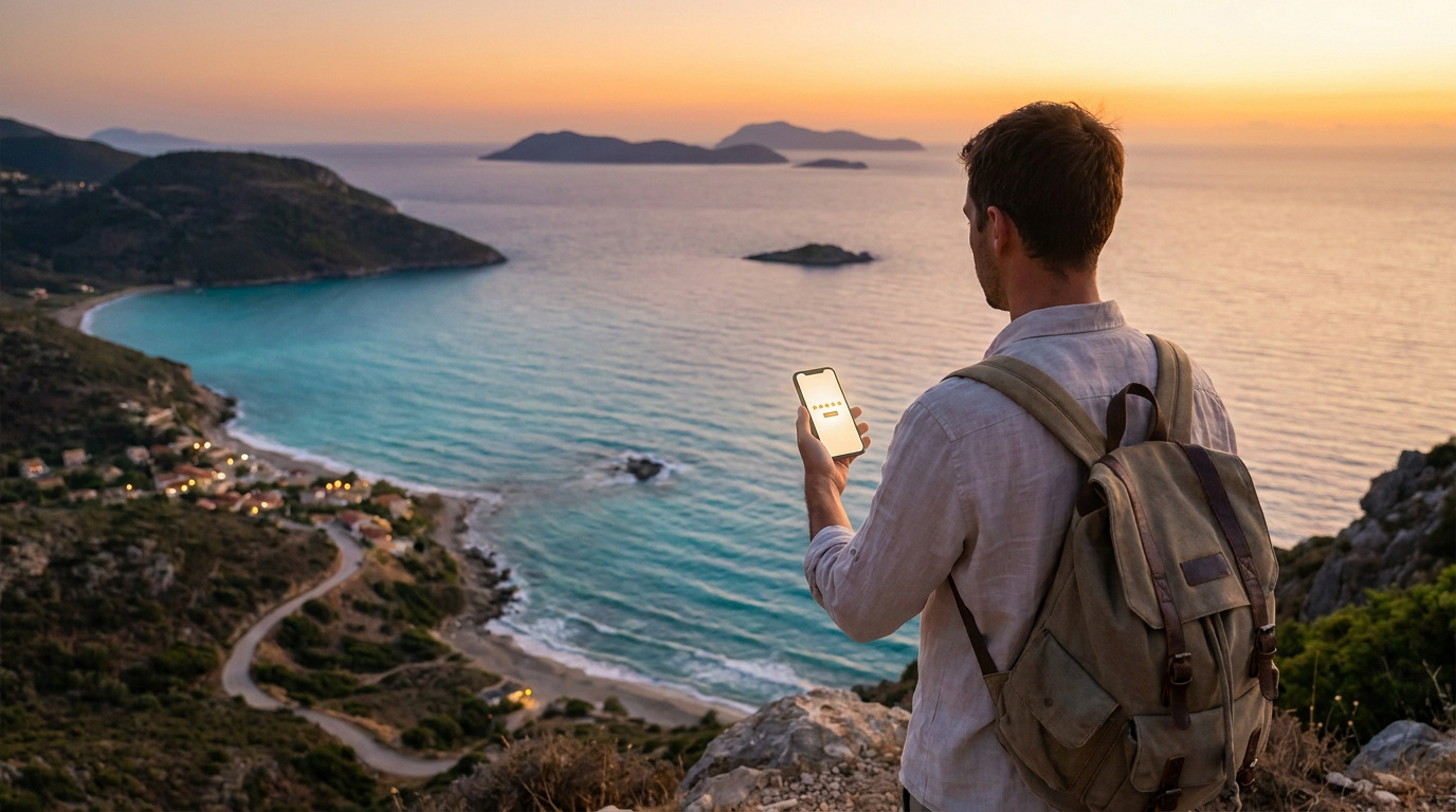 Voyageur avec un sac à dos regardant une côte méditerranéenne au coucher du soleil tout en tenant son smartphone.