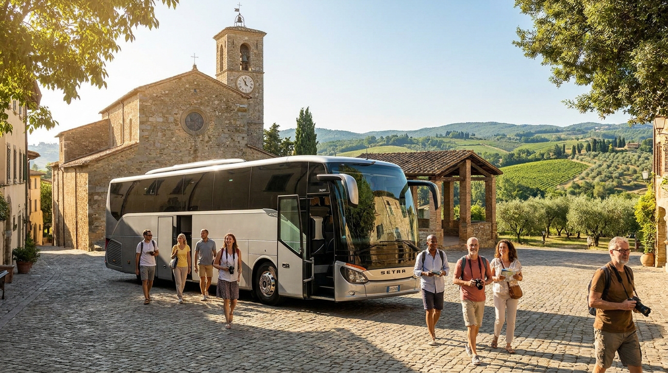 Un groupe de touristes descend d'un autocar de luxe devant une église en pierre dans un village italien ensoleillé.