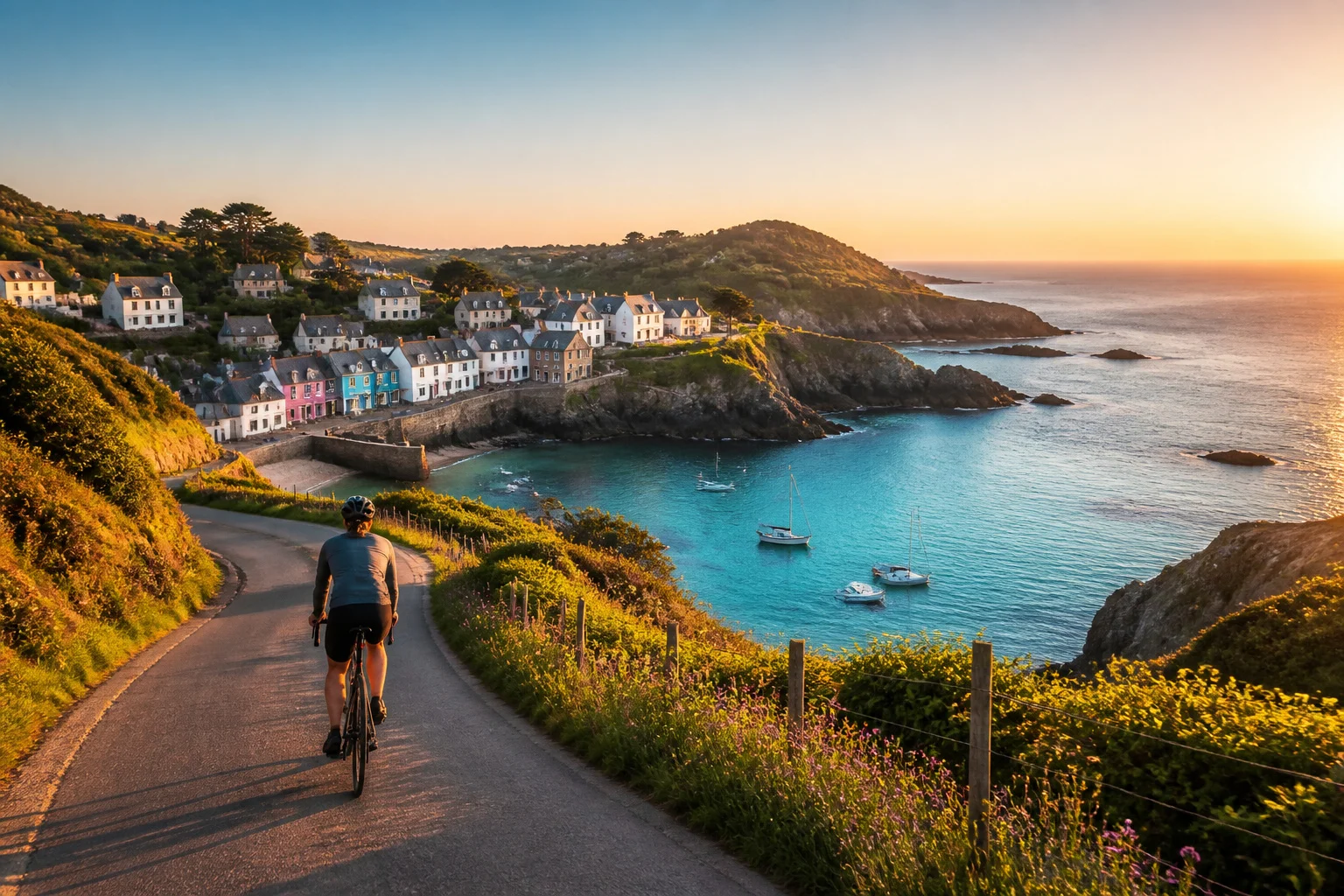 Velo a belle ile en mer au coucher du soleil