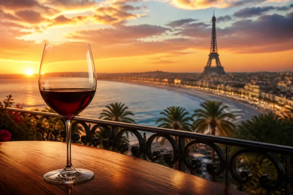 Vin rouge avec vue sur la france au coucher du soleil