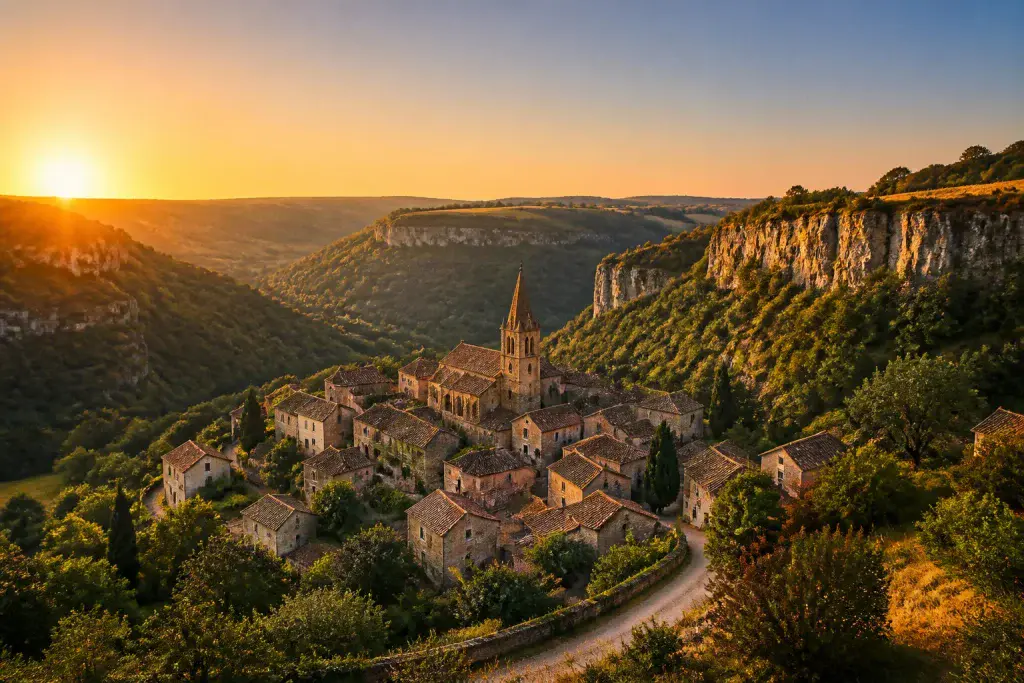 Village medieval de laveyron au coucher du soleil