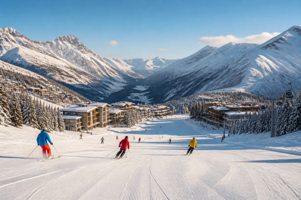 Station de ski moderne au coeur des montagnes enneigees