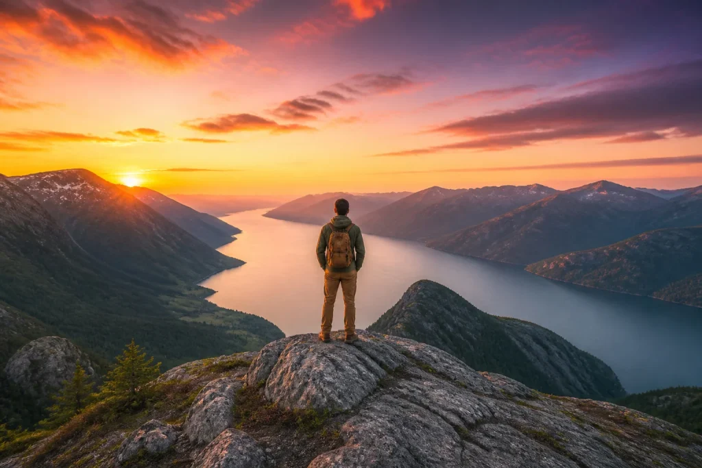Aventurier au sommet au coucher du soleil