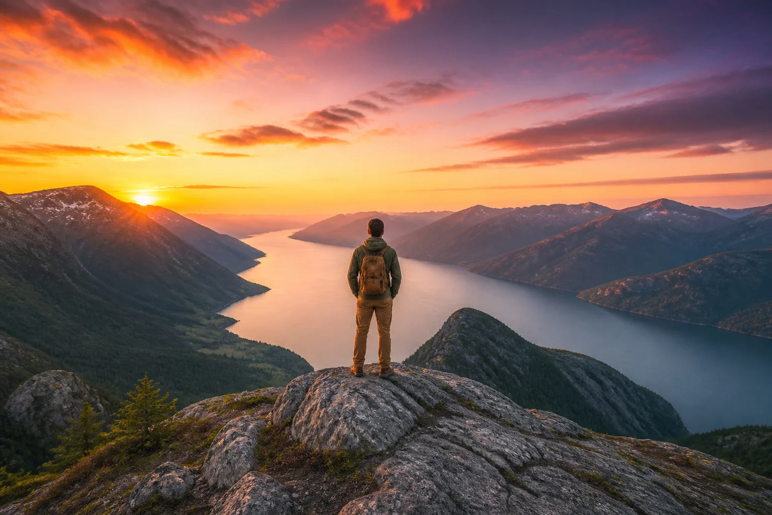 Aventurier au sommet au coucher du soleil