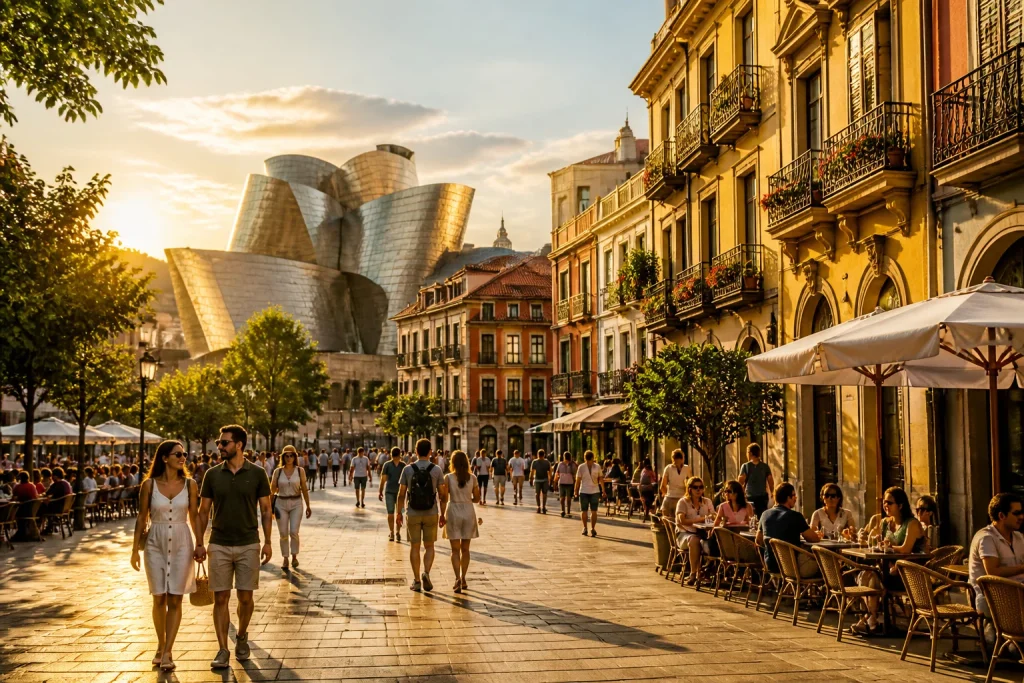 Ville espagnole baignee de soleil dore