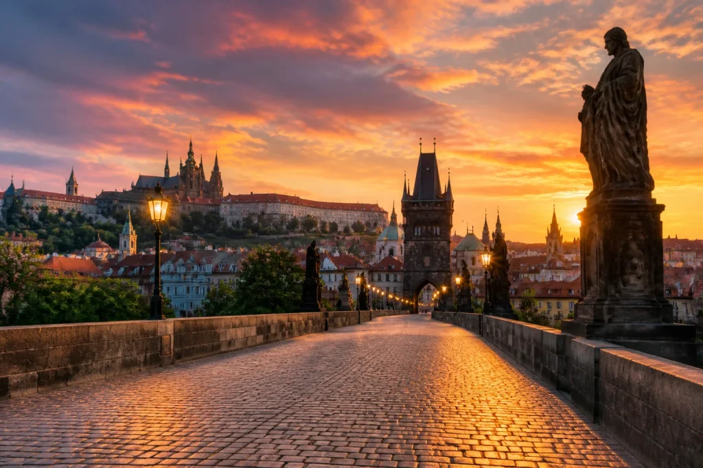 Prague au coucher du soleil le pont charles