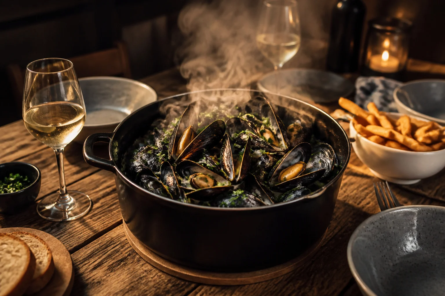 Moules marinieres fumantes sur table rustique