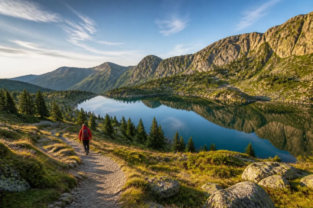 Randonnee vers un lac de montagne serein