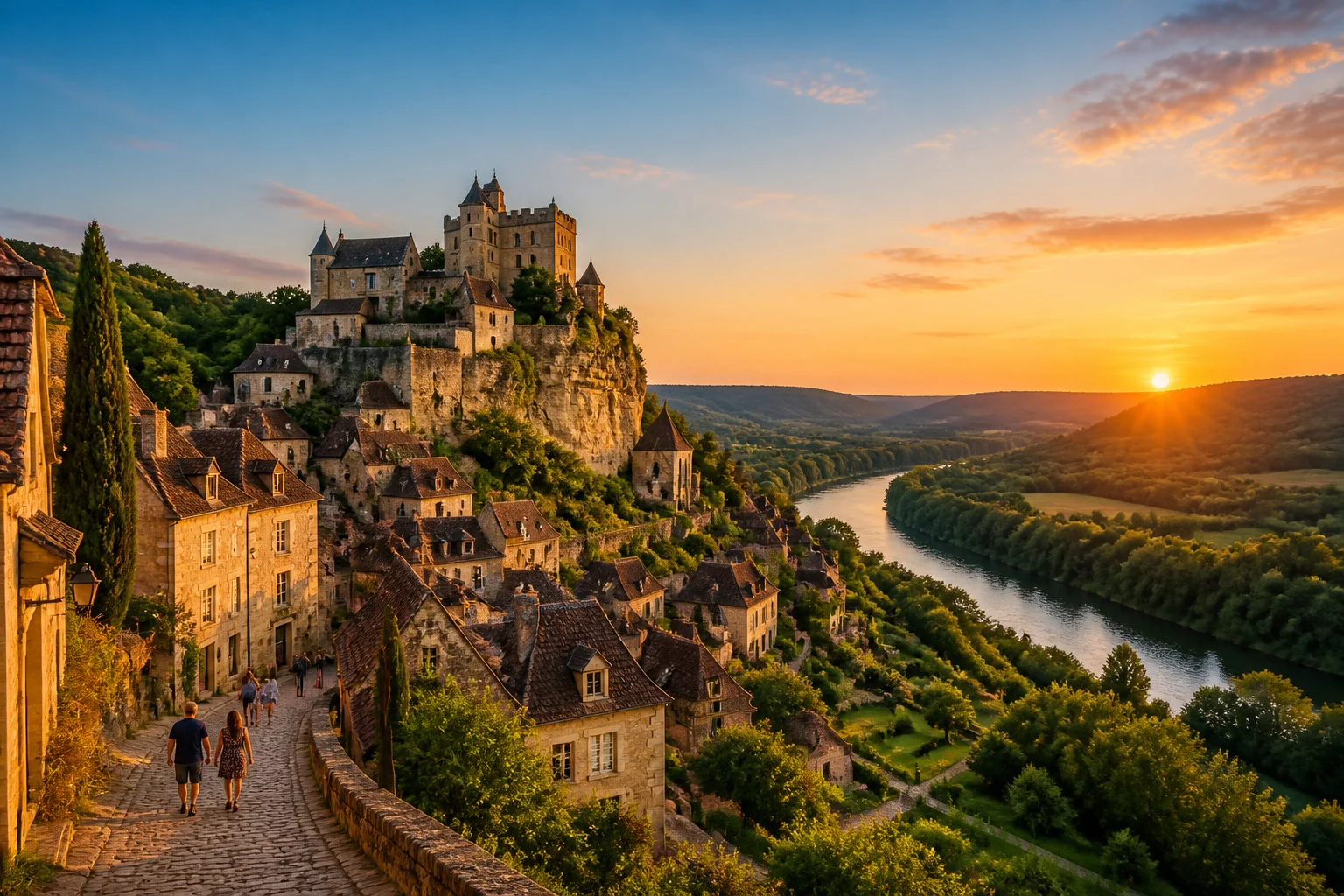 Village medieval de la dordogne au coucher du soleil