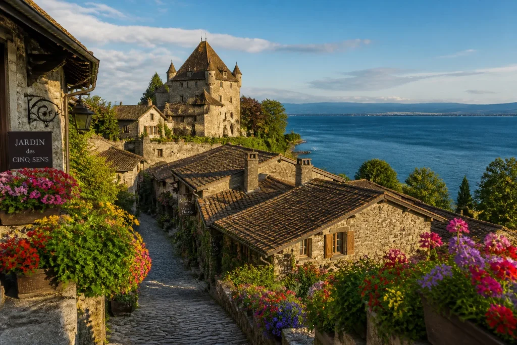 Yvoire village fleuri au bord du leman