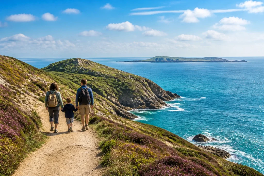 Famille en randonnee a pointe du grouin