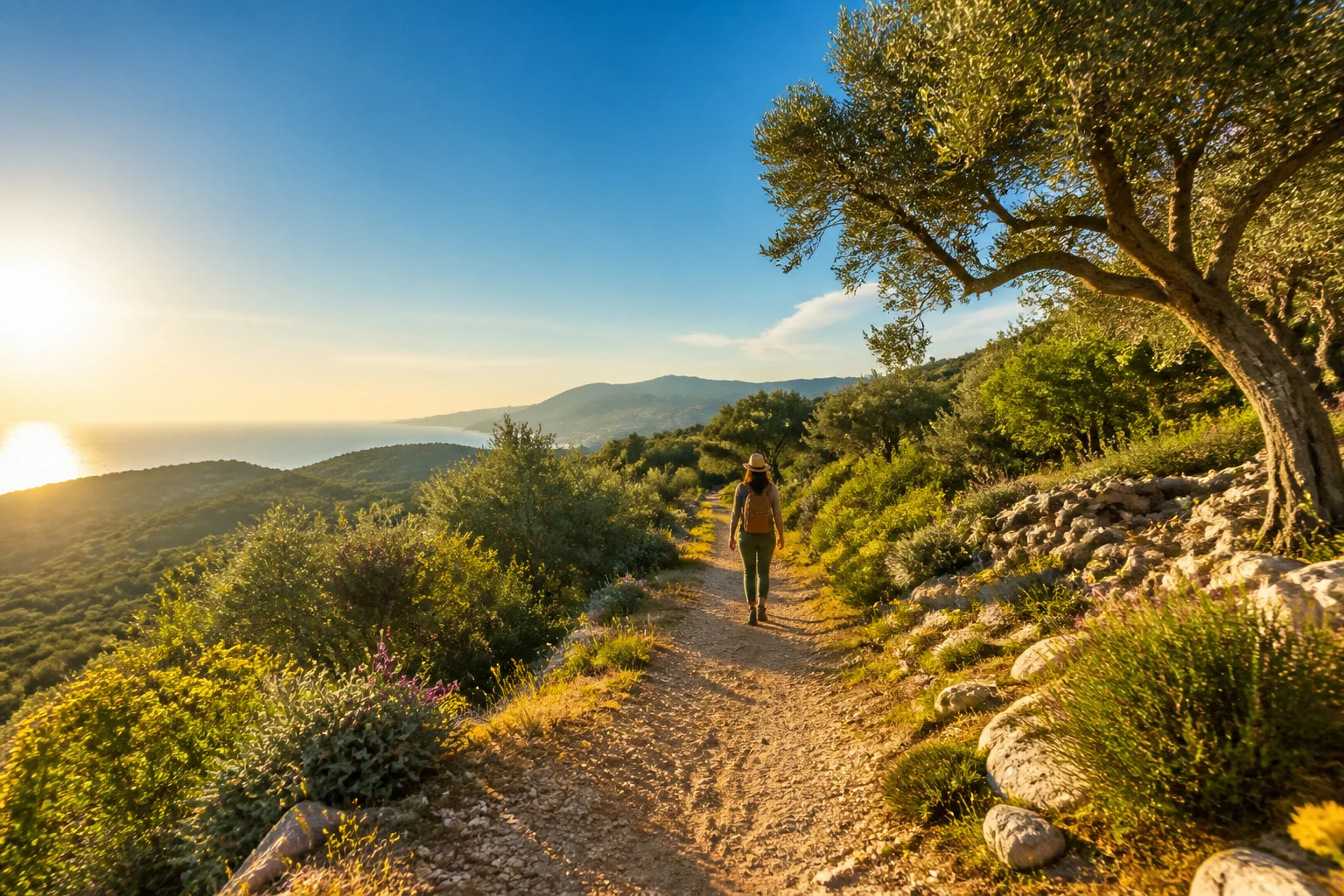 Sentier mediterraneen au soleil couchant