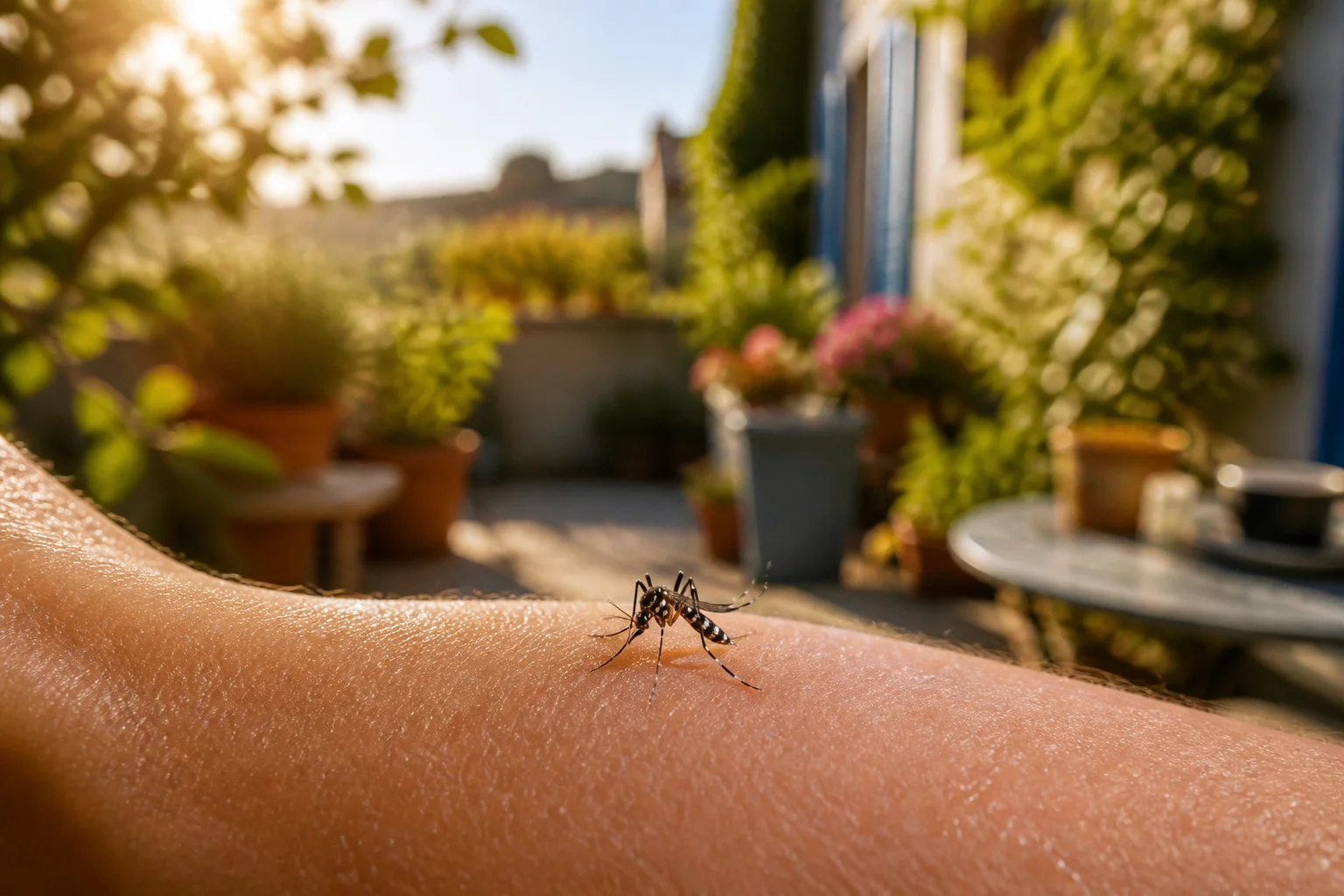 Moustique tigre sur peau humaine