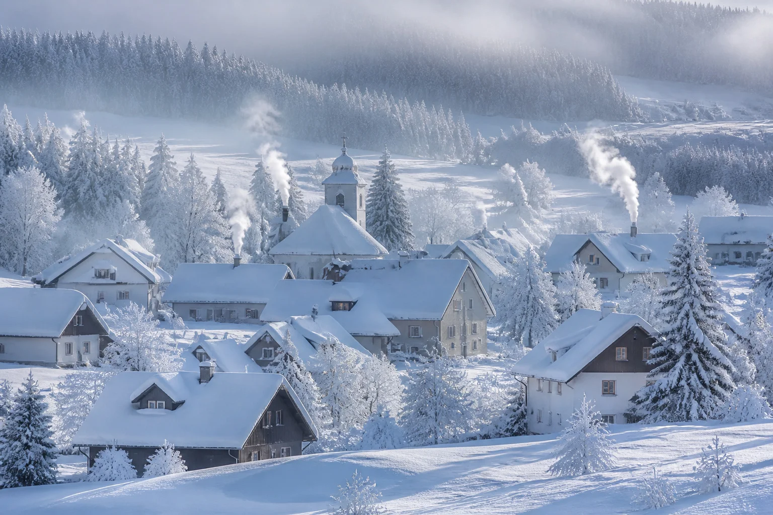 Village francais sous un manteau de neige