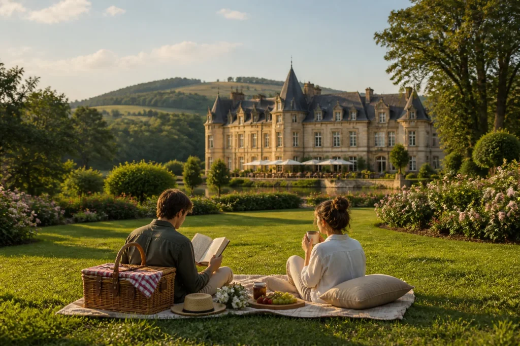 Pique nique paisible devant un chateau
