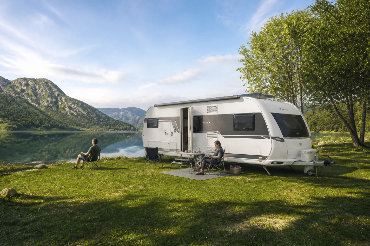 Caravane moderne au bord dun lac paisible