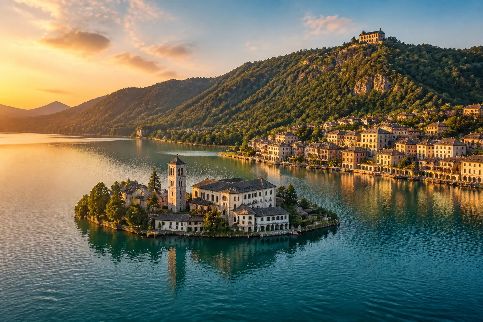 Lac dorta et orta san giulio au coucher du soleil